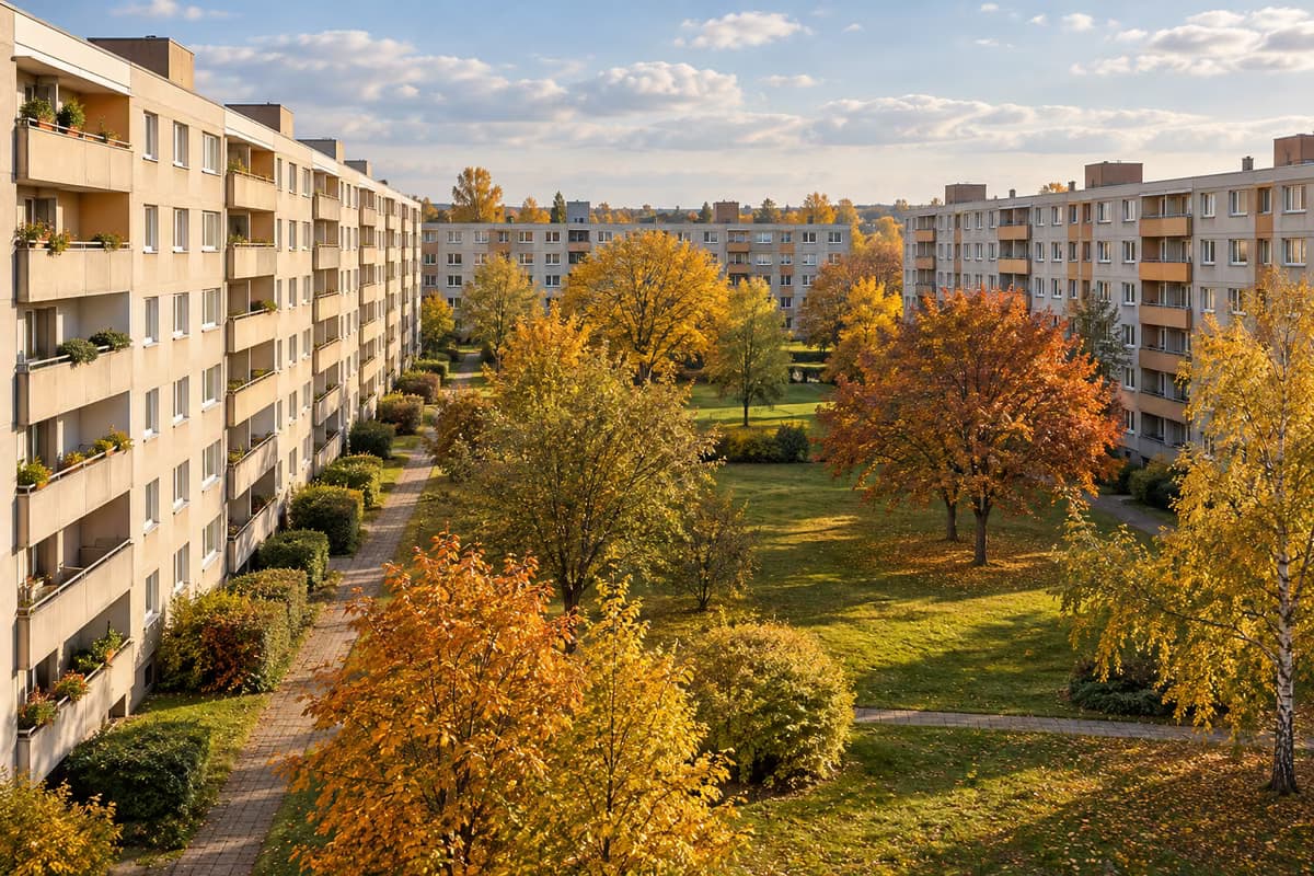 A postwar housing estate with long apartment blocks around a green courtyard with autumn trees in afternoon sun.