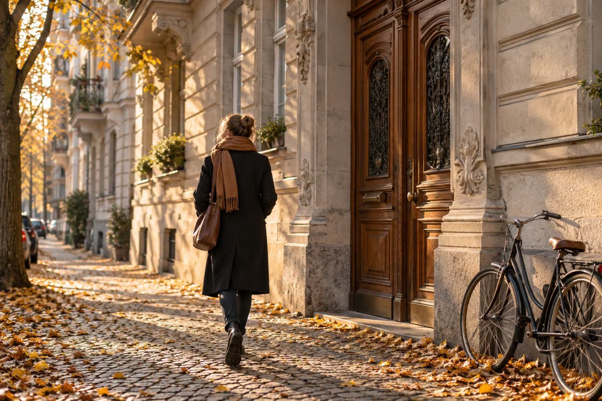 A person seen from behind walking past the tall carved wooden door of an old apartment building, with a bicycle leaning against the wall.