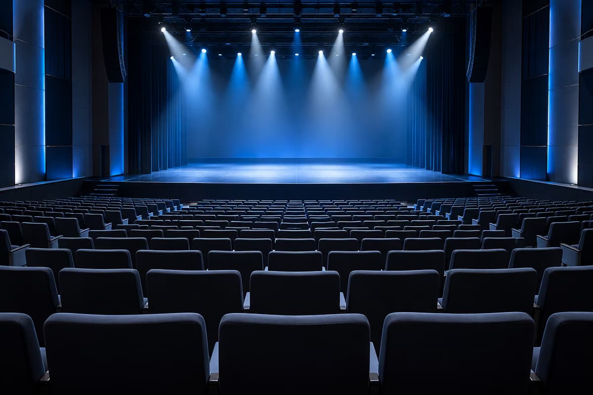 An empty auditorium with rows of upholstered seats facing a bare stage lit by blue and white spotlights.