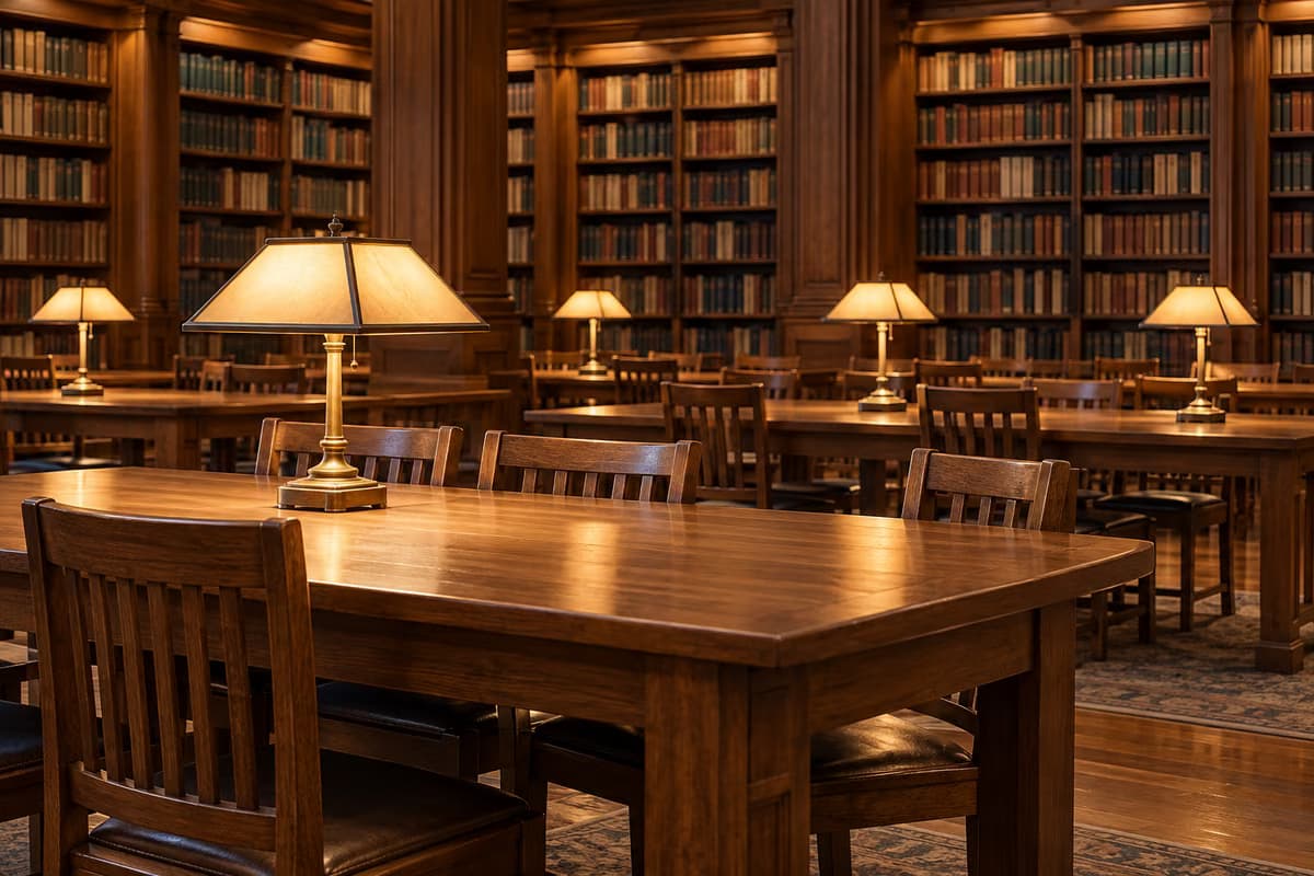 An empty library reading room with wooden tables, chairs and brass reading lamps in front of tall shelves full of books.