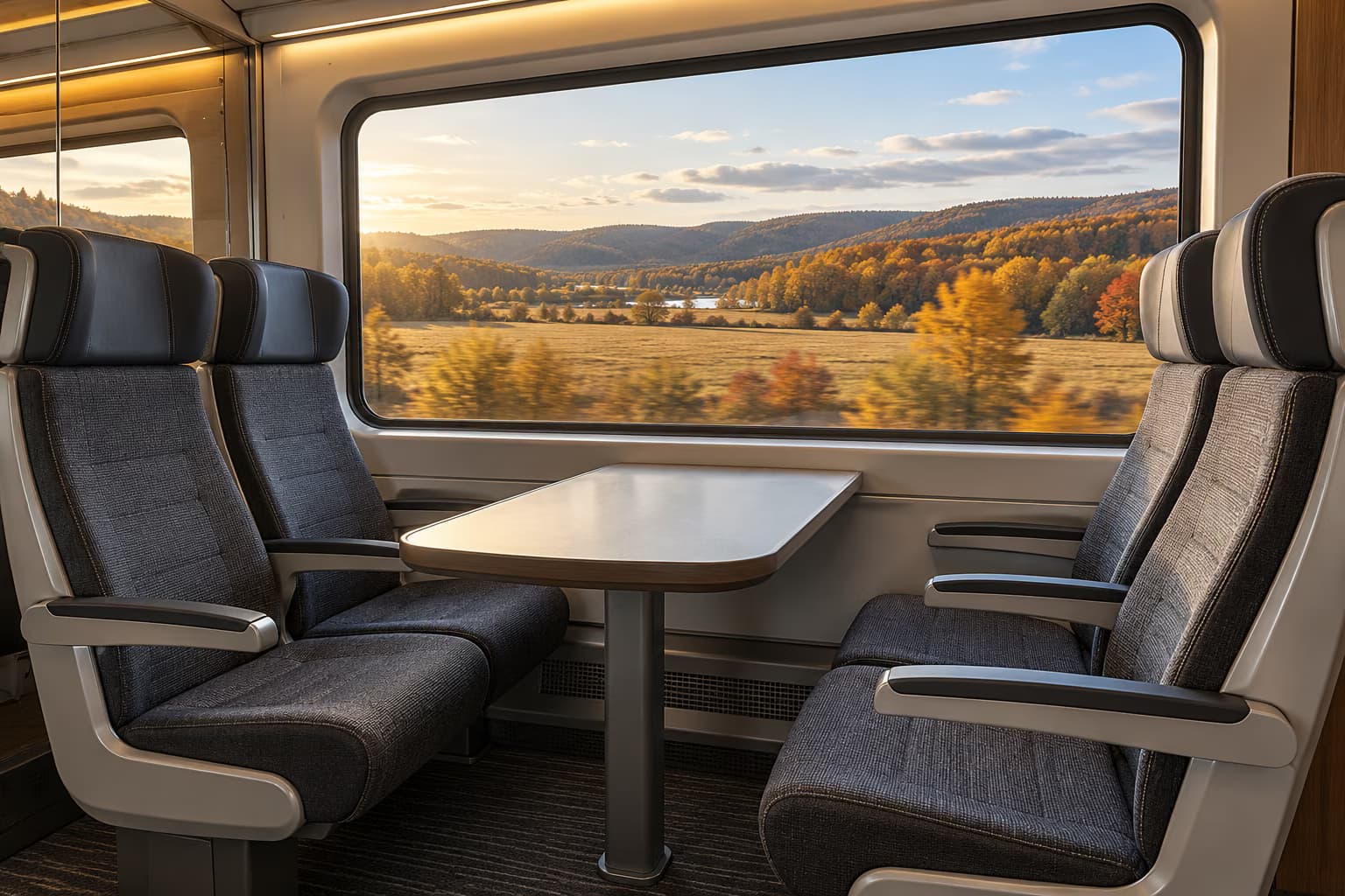 Four empty grey seats around a table in a modern train, with a large window showing autumn fields and wooded hills.