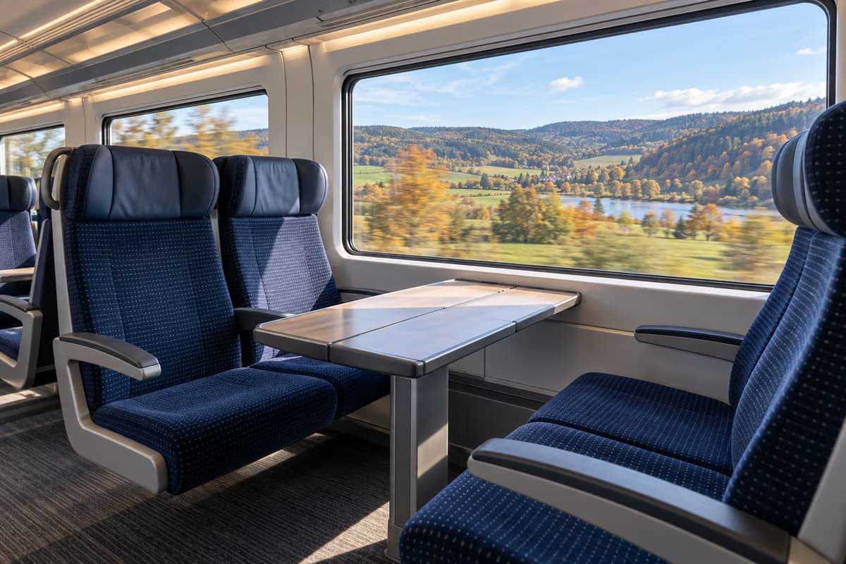 Empty blue upholstered seats around a table in a modern train carriage, with a lake and autumn hills passing by the window.