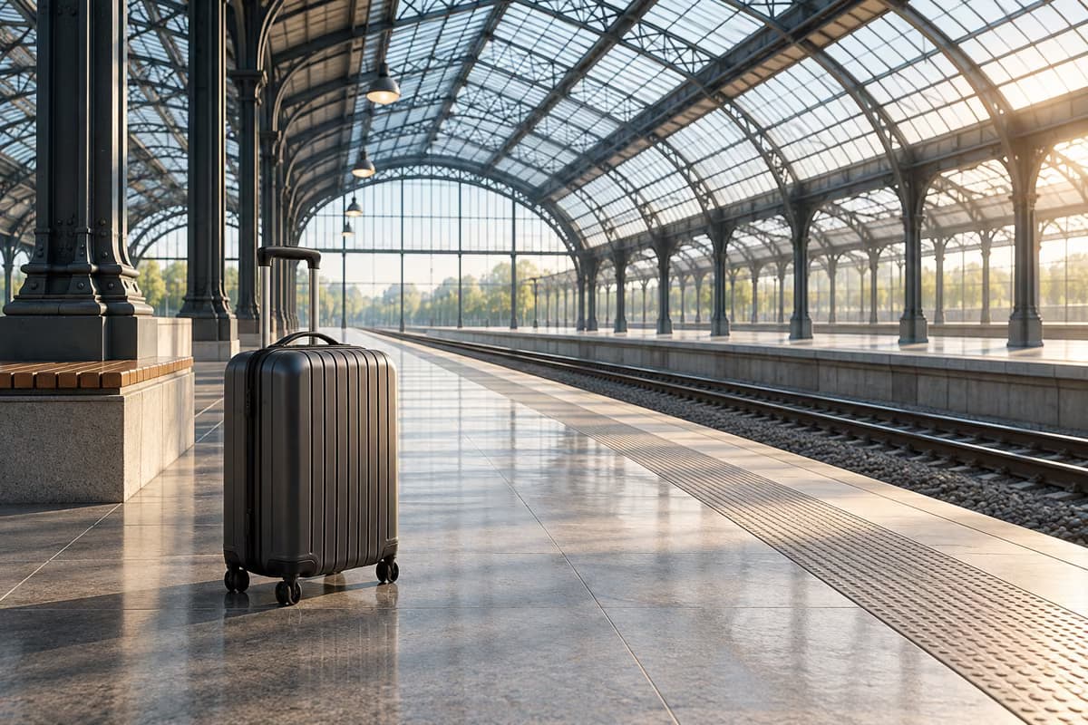 A grey suitcase standing on an empty railway platform under an arched glass and steel roof in soft morning light.