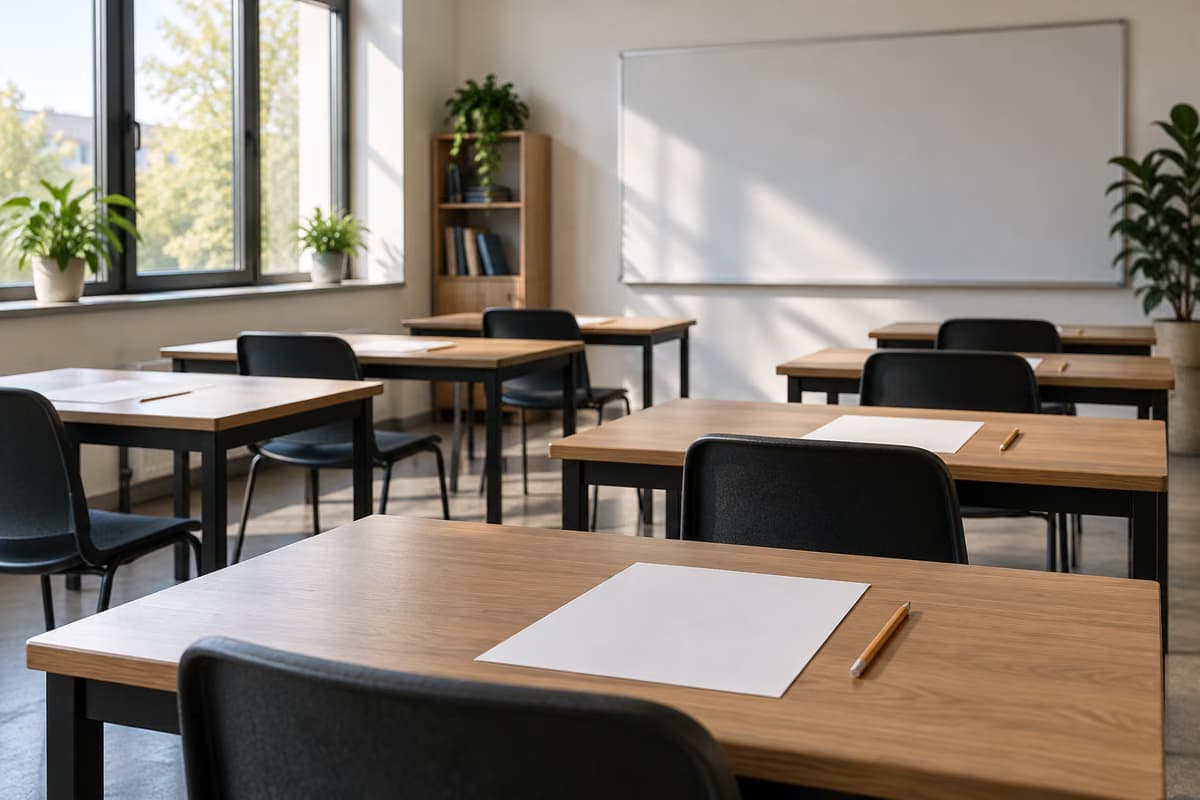 An empty modern classroom with wooden desks, black chairs, blank sheets of paper and pencils in front of a blank whiteboard.