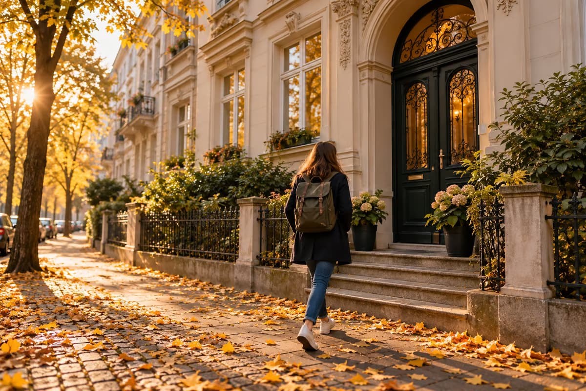 A person with a backpack seen from behind walking past the steps and arched front door of an old residential building on a leafy street in autumn.