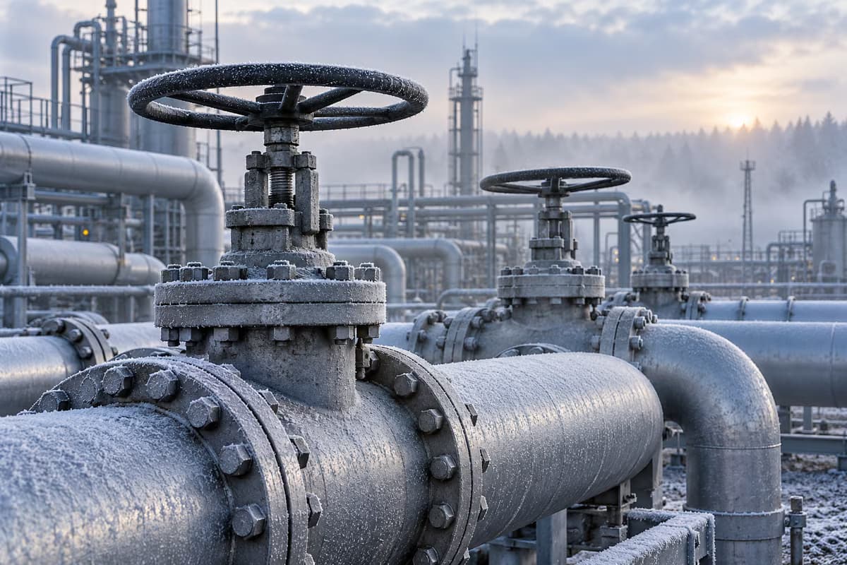 Close-up of frost-covered industrial gas pipes with large wheel valves at a gas plant on a misty winter morning.