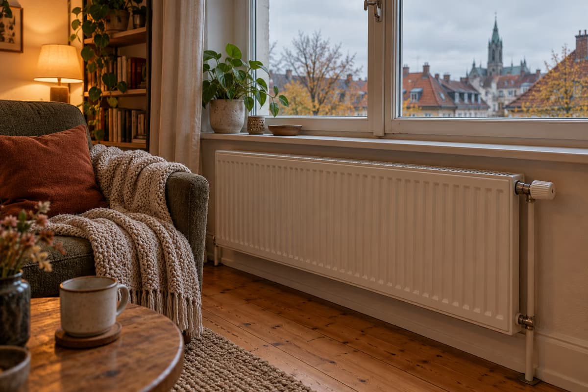 A white panel radiator with a thermostat valve under a window in a cosy living room, with an armchair, a knitted blanket and tiled rooftops outside.