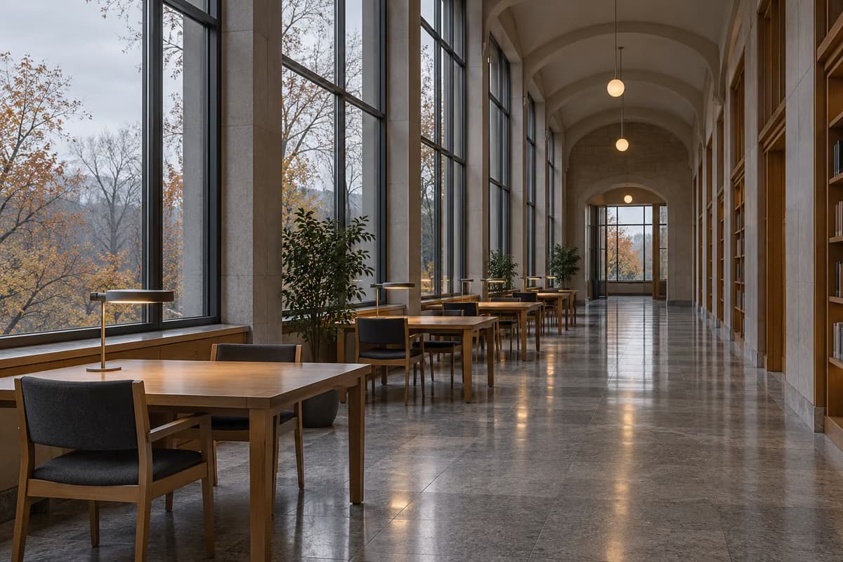 An empty, quiet study corridor with tall windows, wooden tables and desk lamps on a grey autumn day.