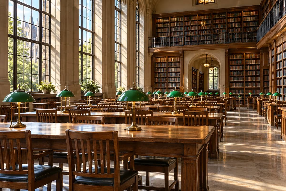 An empty library reading room with long wooden tables, green desk lamps, tall windows and high shelves full of books.
