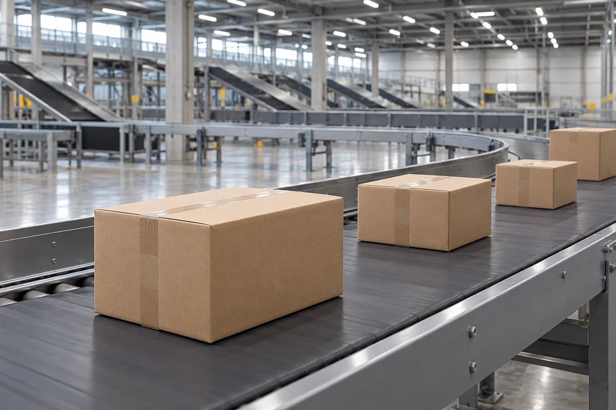 Plain cardboard boxes travelling on a conveyor belt in a large, empty, modern parcel sorting hall.
