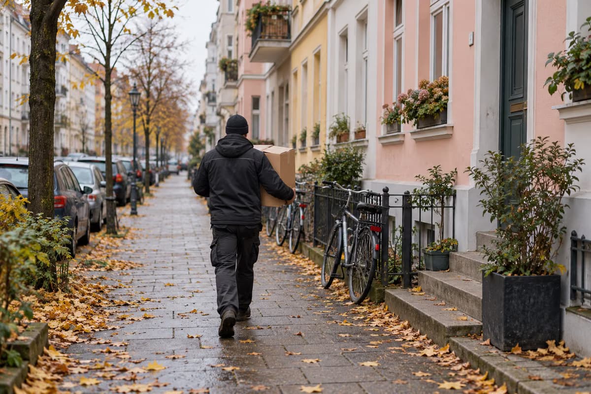 A delivery worker seen from behind carrying a cardboard box along a pavement lined with pastel apartment buildings, bicycles and autumn leaves.