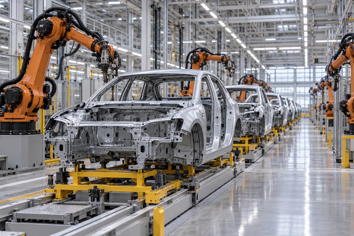 Unpainted car bodies stand in a row on an assembly line between orange robot arms in a bright factory hall.