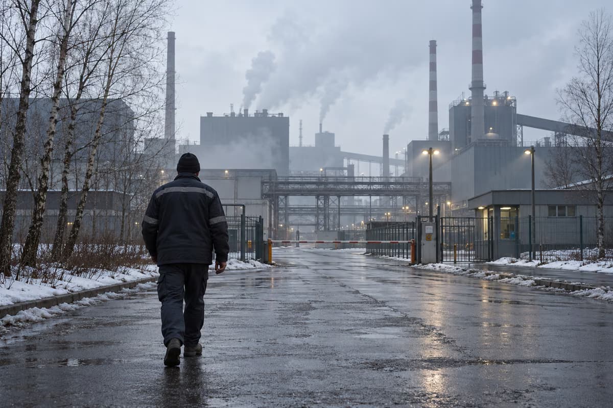 A worker seen from behind walks along a wet road towards the gate of an industrial plant with chimneys on a grey winter day.