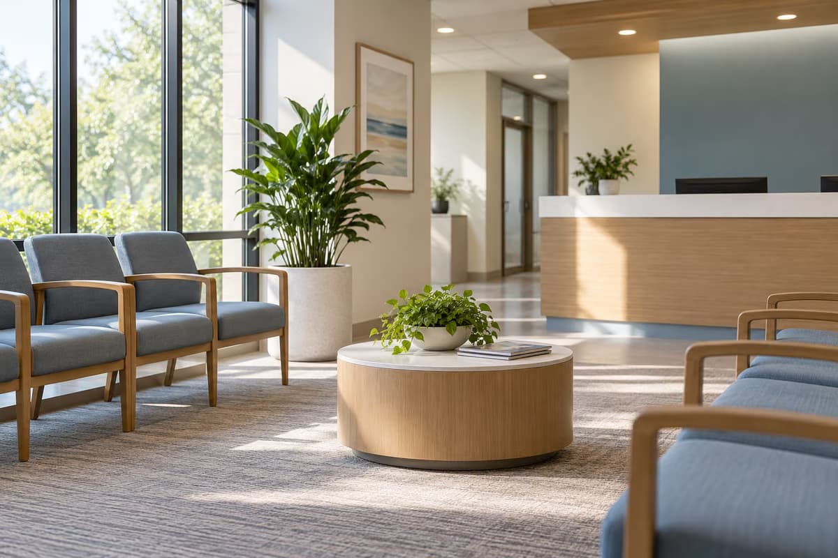 A modern waiting area with blue upholstered chairs, a round wooden table with a plant and a reception desk in the background.