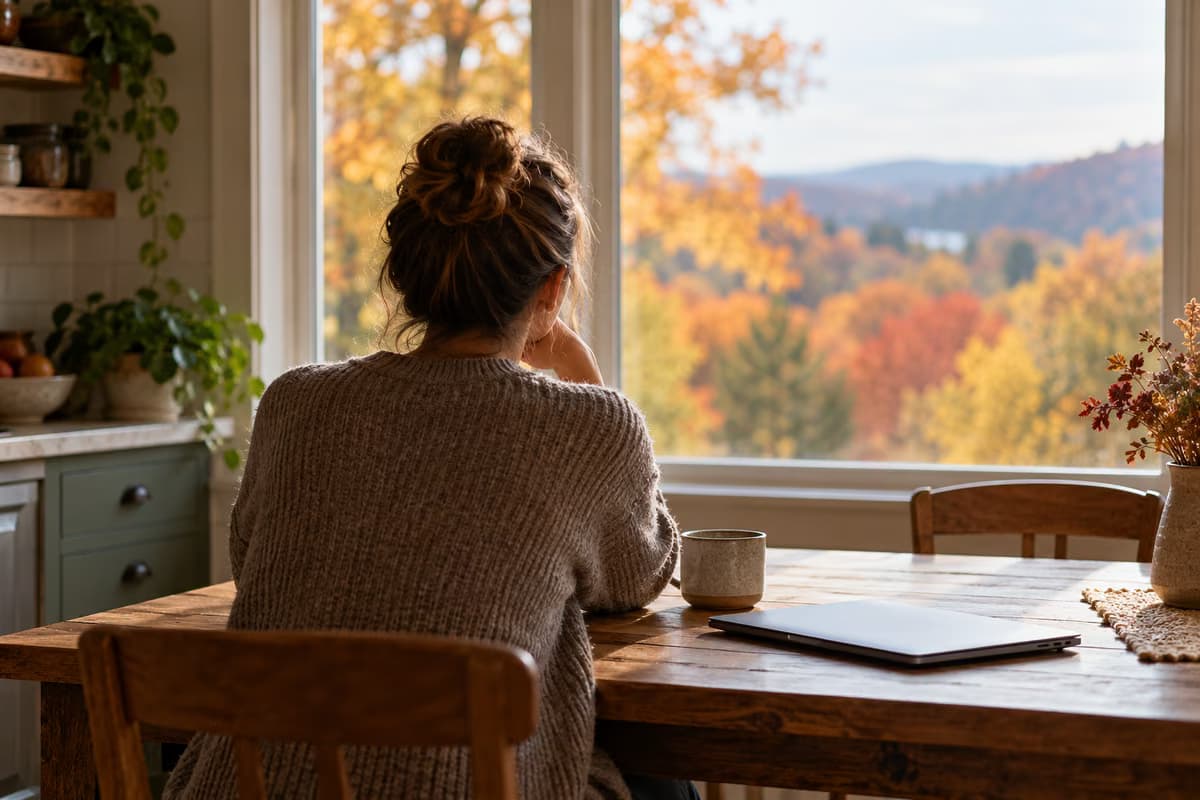A woman seen from behind sitting at a wooden kitchen table with a closed laptop and a mug, looking out of a window at autumn trees.