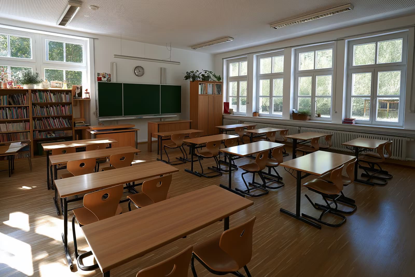 A bright empty German primary classroom with small wooden desks and a reading corner in warm afternoon light.