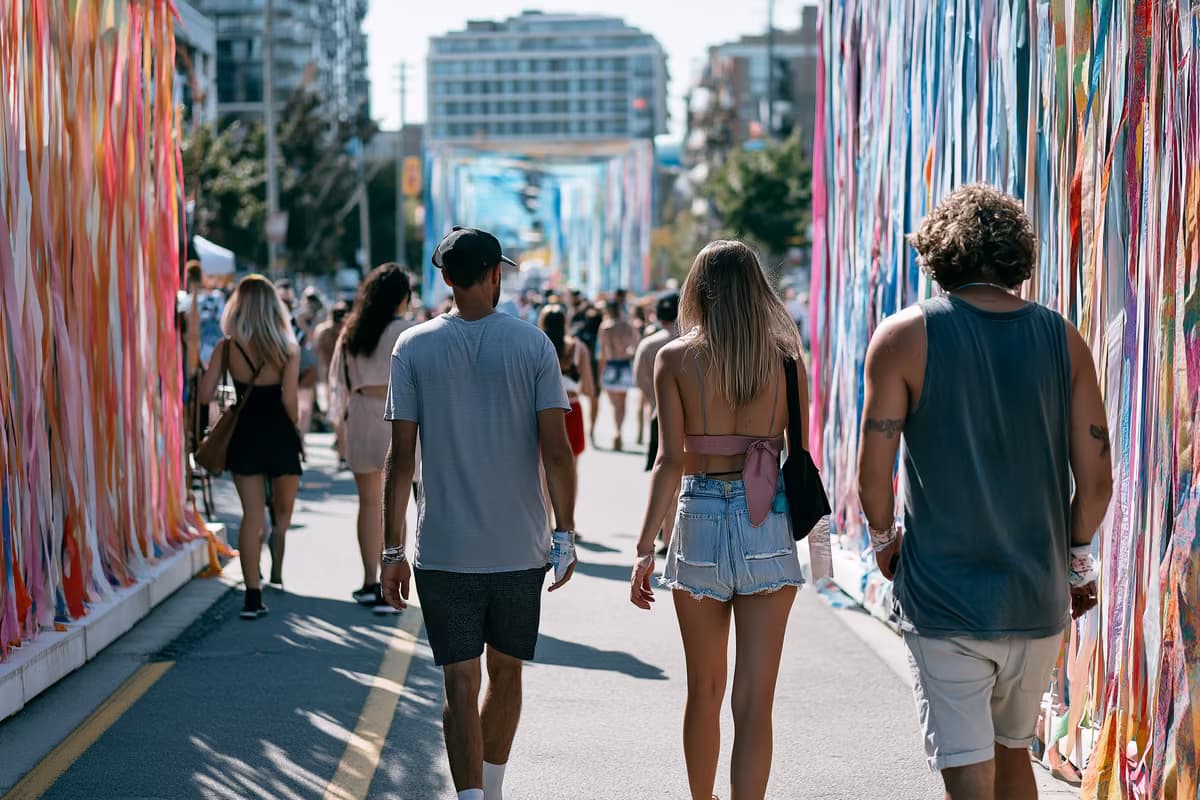 People stroll between outdoor art installations in a lively Berlin neighbourhood on a bright summer afternoon.