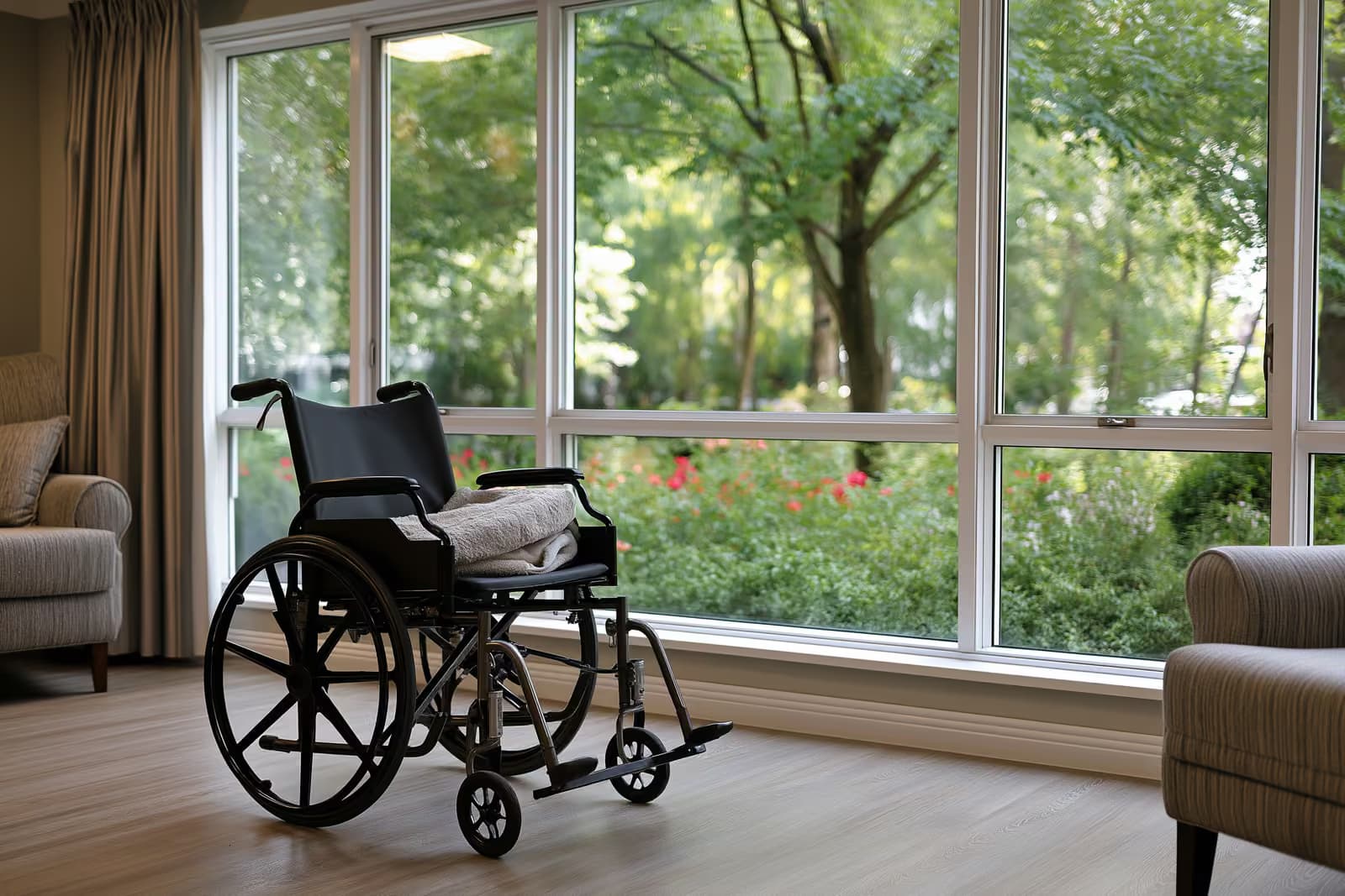 An older person and a family caregiver sitting together at a kitchen table in a German home.