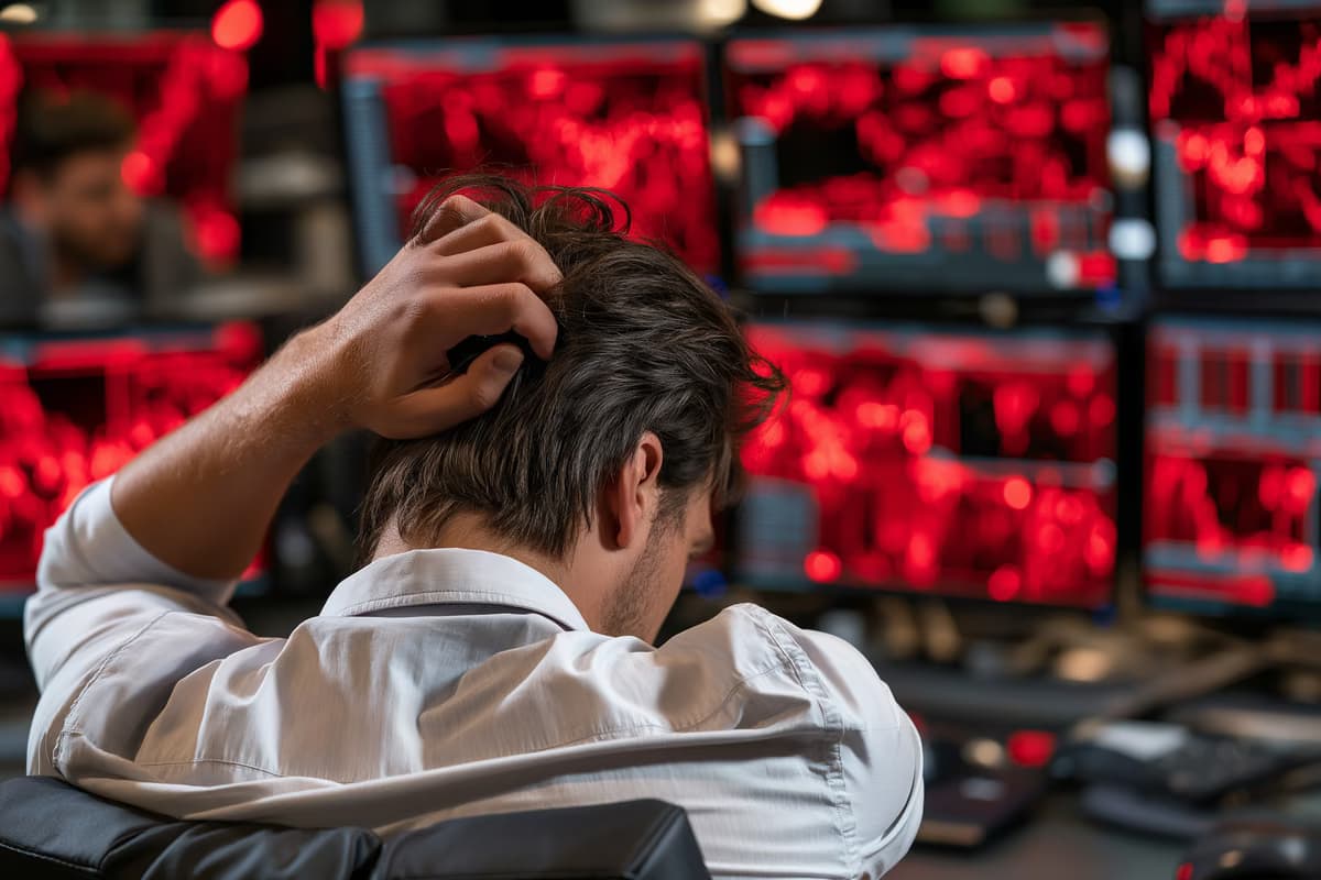 A private investor in Germany reviews an ETF savings plan on a laptop while market charts show falling prices.