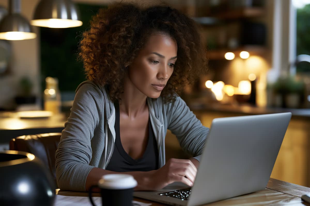 A person reviews an investment portfolio on a laptop at a kitchen table in soft morning light.