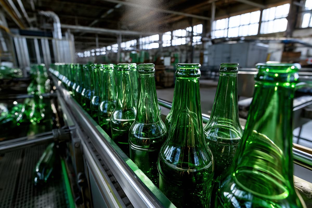 Rows of empty green beer bottles stand on a stopped conveyor line in a dim bottling hall