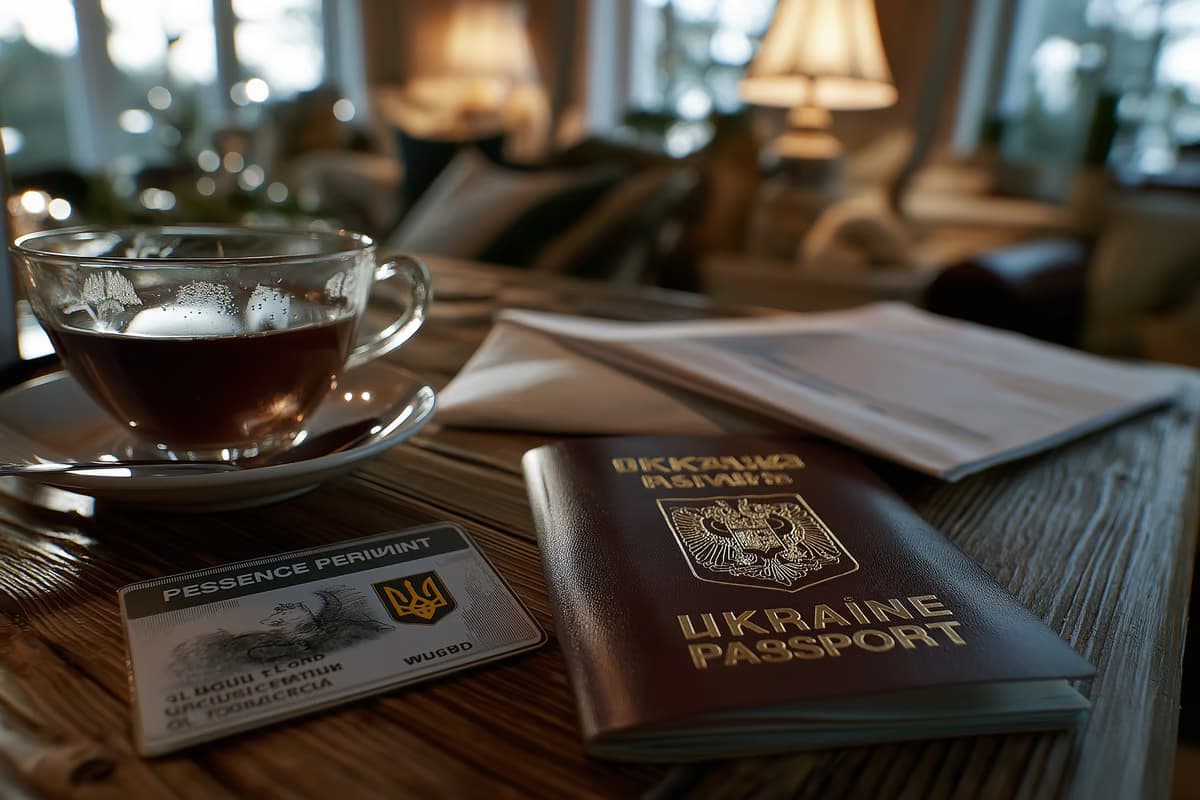 A residence permit card and a Ukrainian passport lying side by side on a table in a German home
