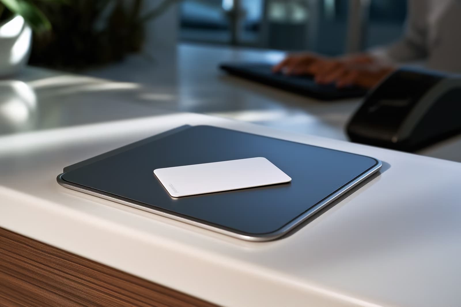 A chip residence permit card lying beside a fingerprint scanner on a government office counter in cool daylight.