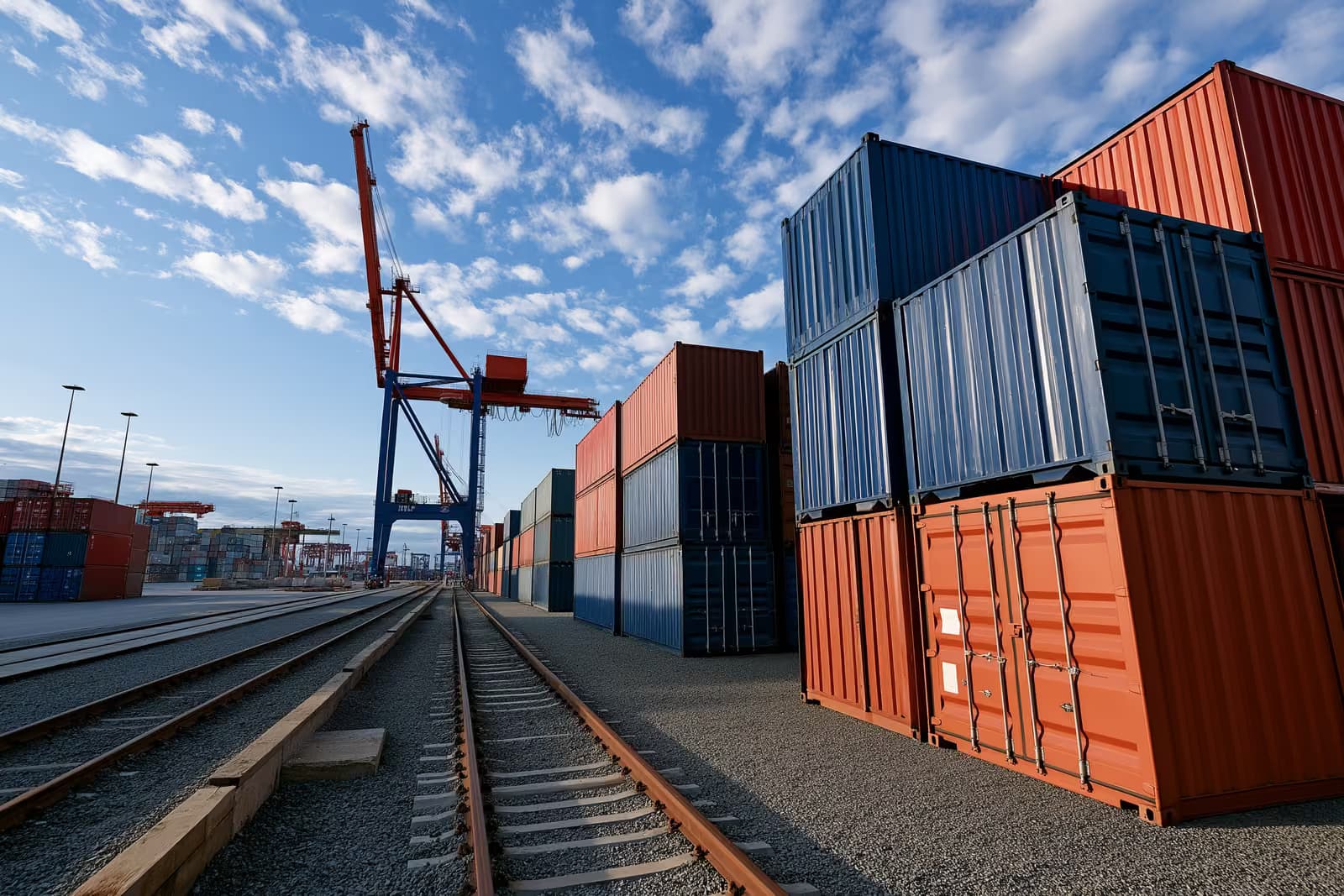 Stacked shipping containers beside a tall gantry crane at a German container terminal under a bright sky.