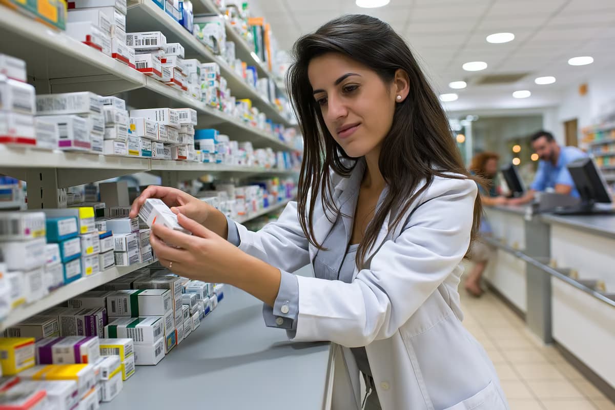 A pharmacist arranges medicine boxes on a shelf behind a counter in a bright German pharmacy.