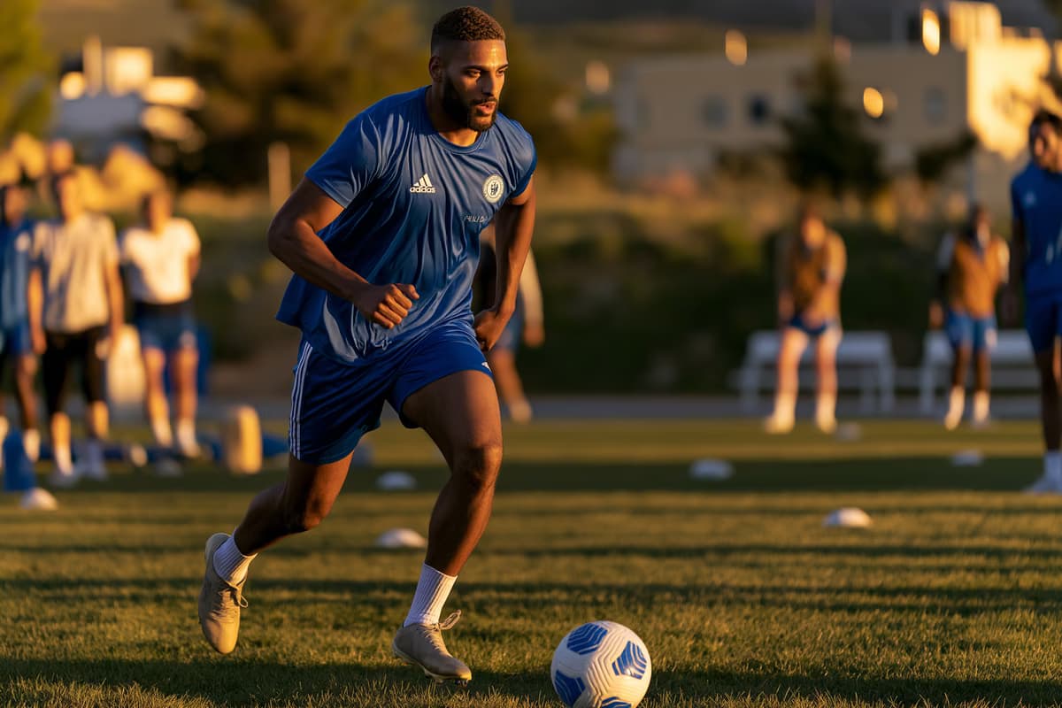 A left-footed player in an unbranded blue training kit sprints down the wing with the ball in low golden light