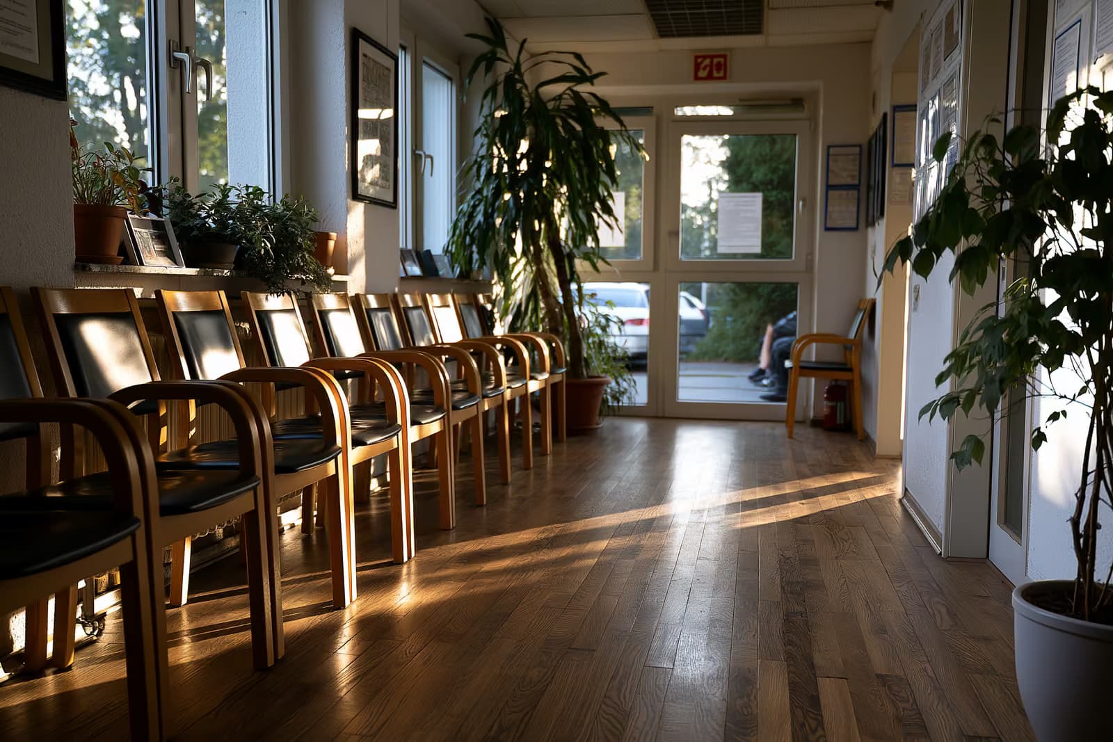 Empty reception desk in a German family doctor practice with waiting room chairs