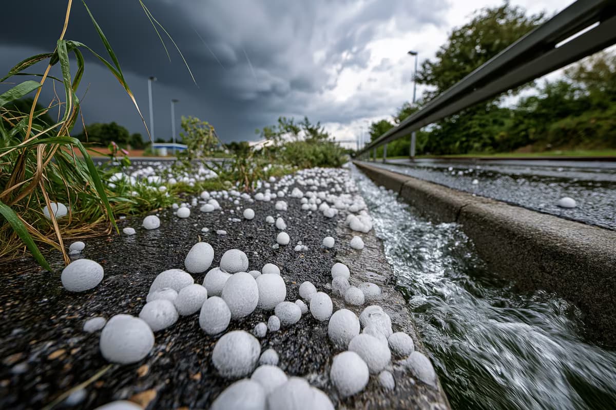 Large hailstones scattered on a wet pavement after a summer storm.