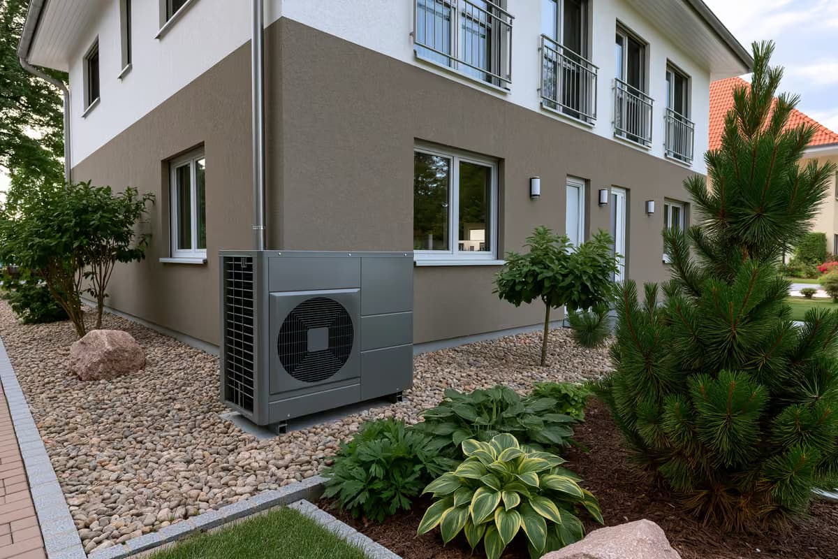 A modern heat pump unit installed outside a German residential house.