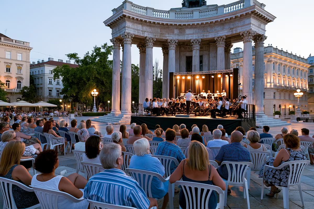 An open-air classical concert on a historic Munich square at dusk.