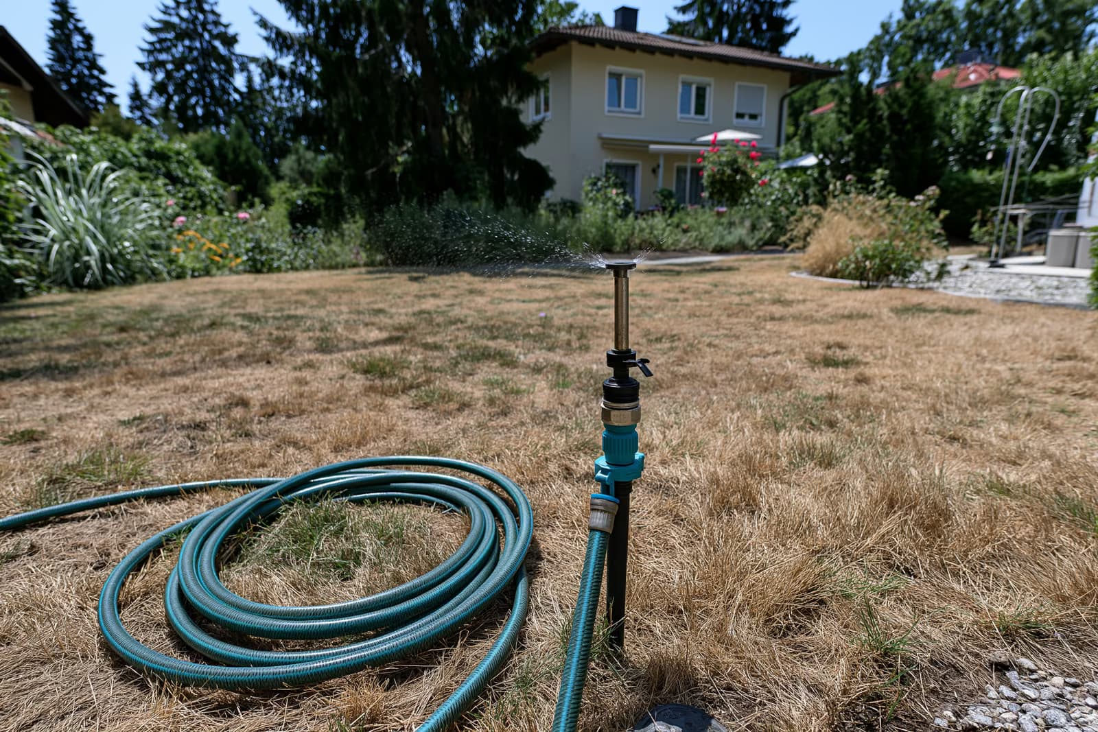 A garden sprinkler stands idle on a browned, parched lawn in a Munich suburb during the Munich water ban