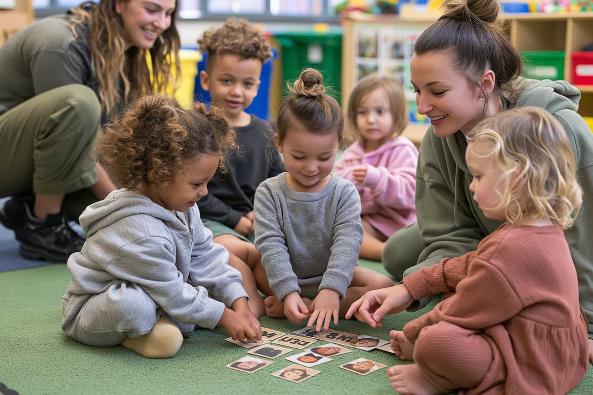 Young children play a word-matching card game on a classroom carpet while a teacher supports their German practice.