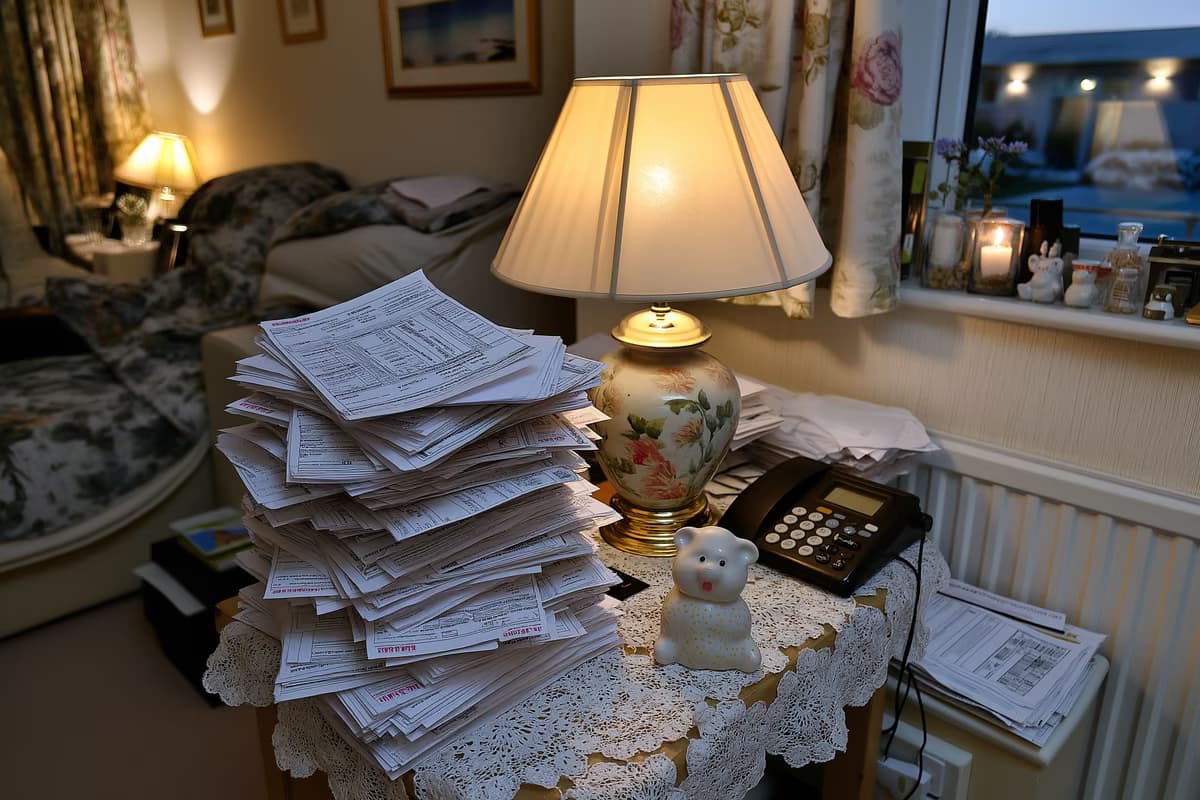 A stack of monthly invoices lies beside a porcelain figurine on a side table in a care home room, showing the growing bills residents face