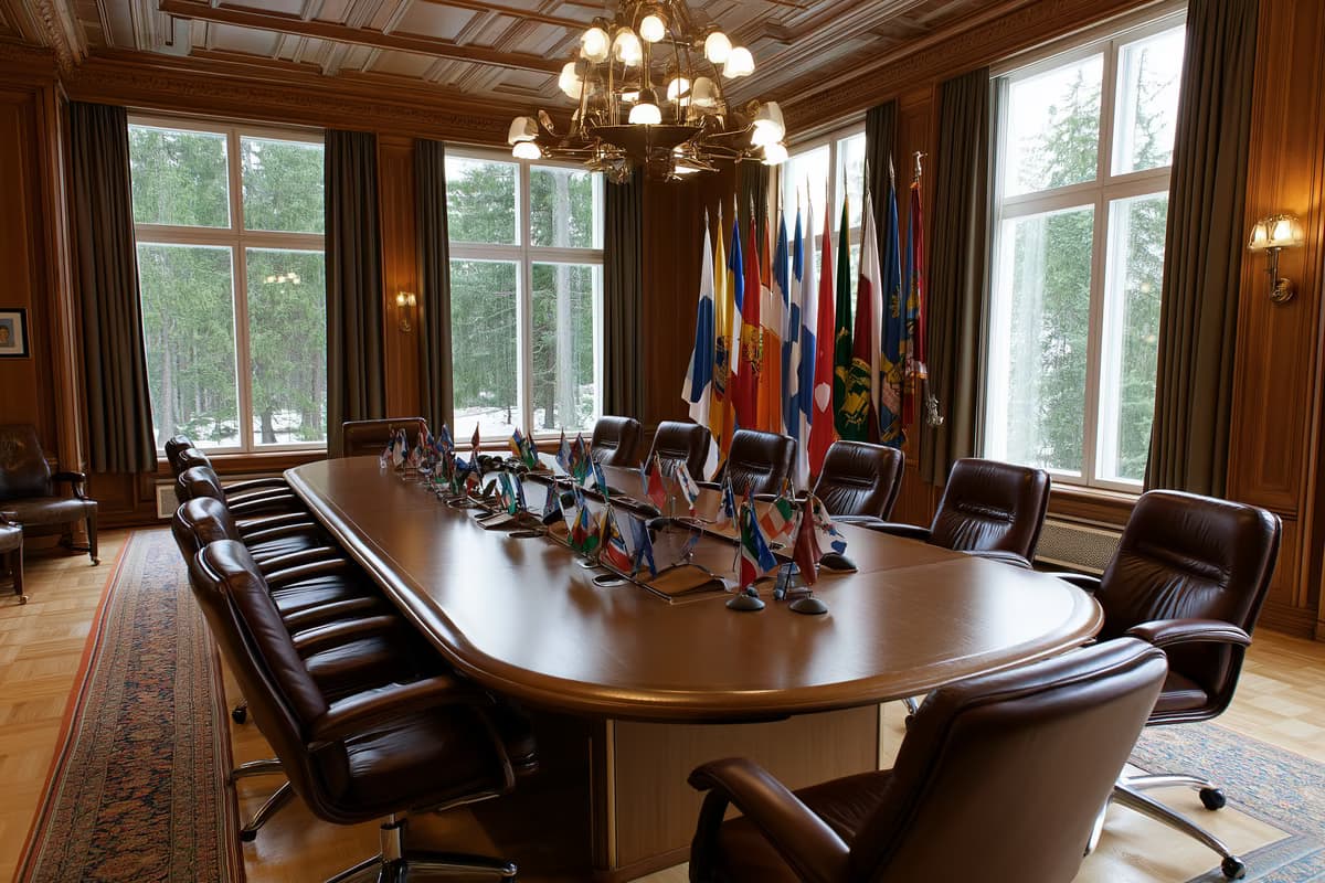 An empty cabinet meeting room with a long oval table, leather chairs and small national flags in morning light