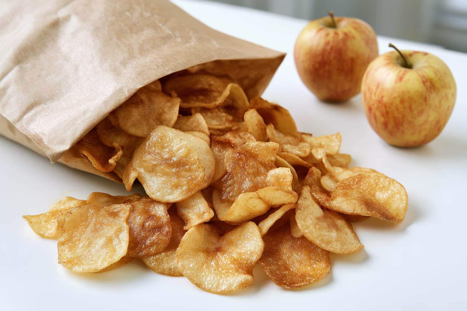 A packet of childrens apple fruit chips on a kitchen shelf with a warning symbol beside it.