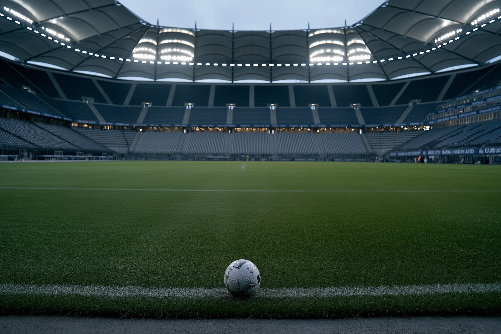 An empty Hamburg football stadium at dusk with floodlights on and a lone ball on the center spot after Vuskovic leaves HSV.