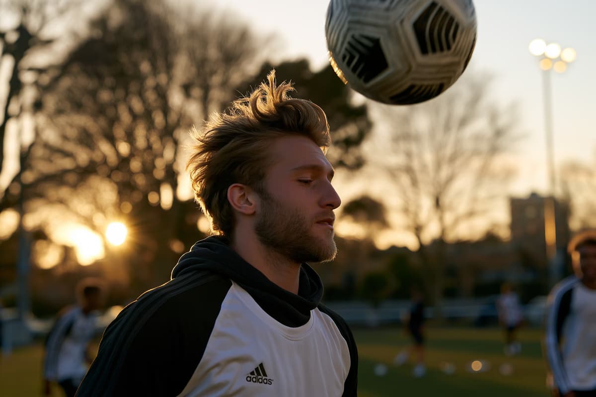 A young defender in plain training kit heads a ball alone on a training pitch at golden hour.