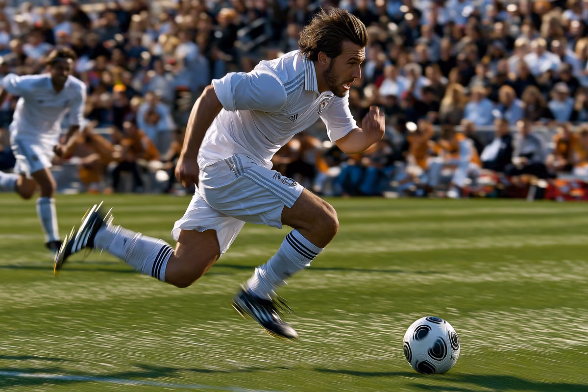 A footballer sprinting with the ball during a match on a green pitch.