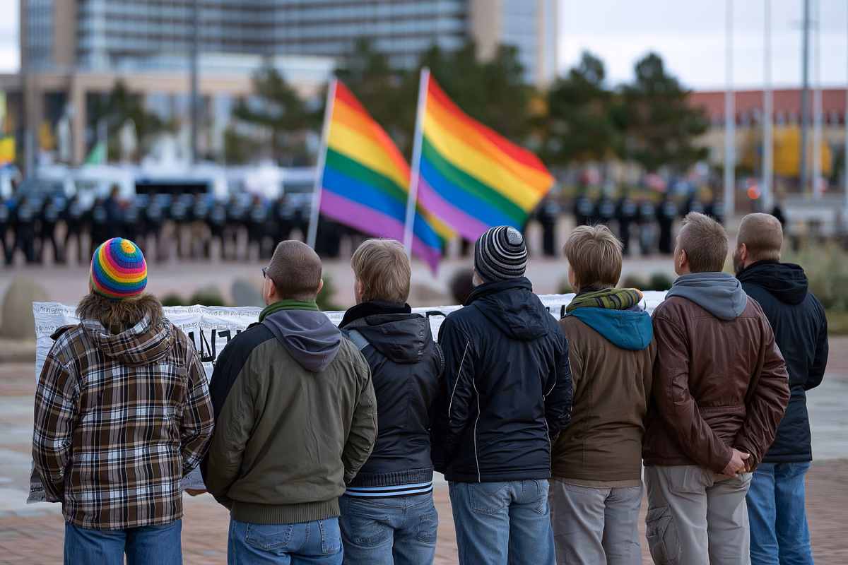 Counter-demonstrators holding banners and rainbow flags on a Magdeburg square, with a police line blurred in the background.