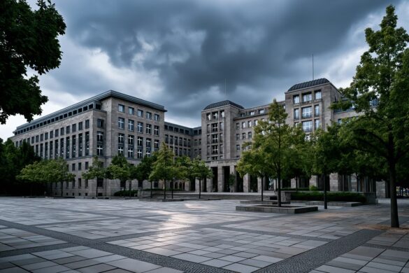 A German federal parliament building seen behind an empty public square under a heavy sky.
