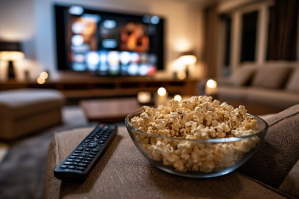 A living room television paused on a streaming menu at night, the setting where Prime Video ads now interrupt movie evenings.