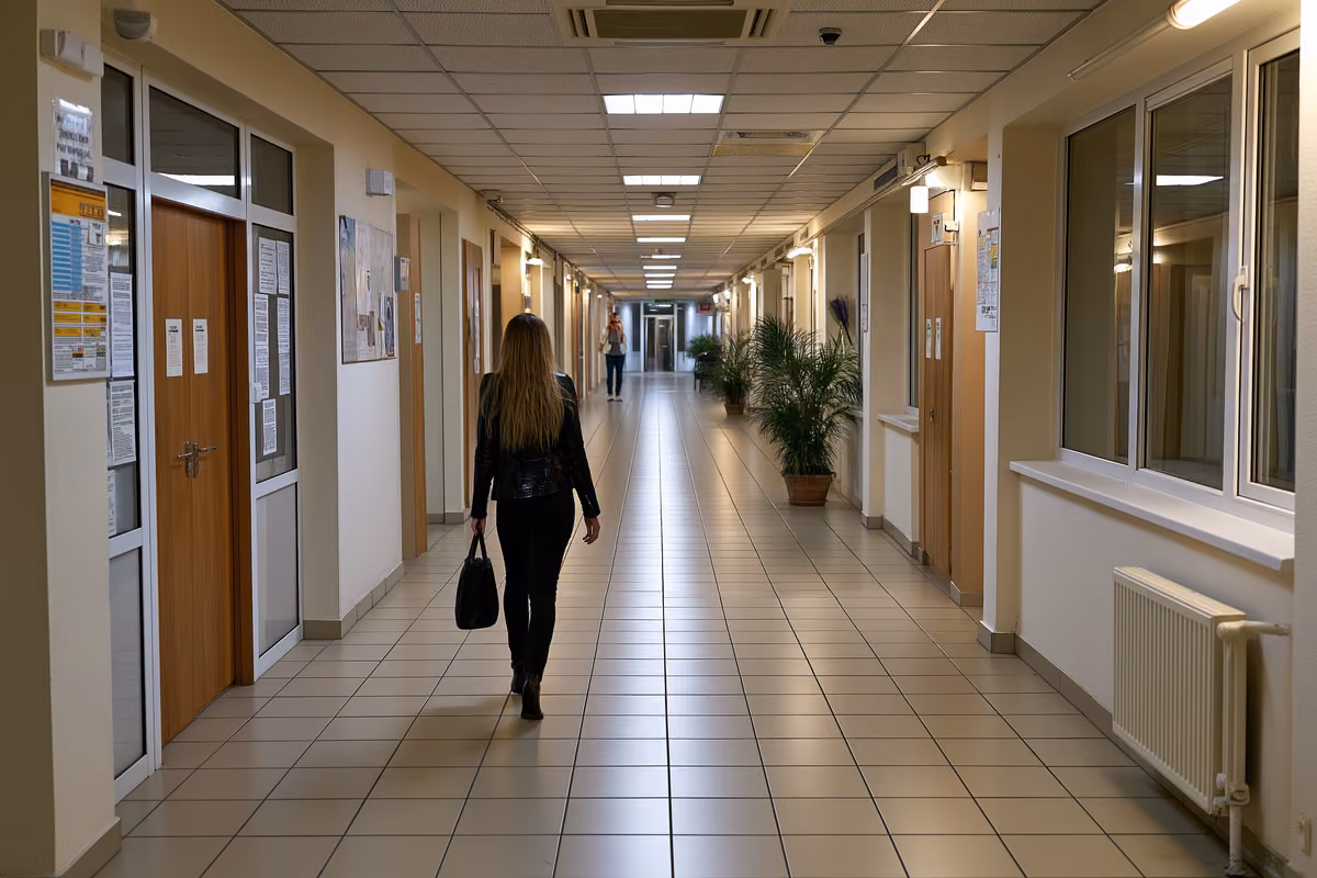 A single person walking with a bag along a corridor of a public administration building.
