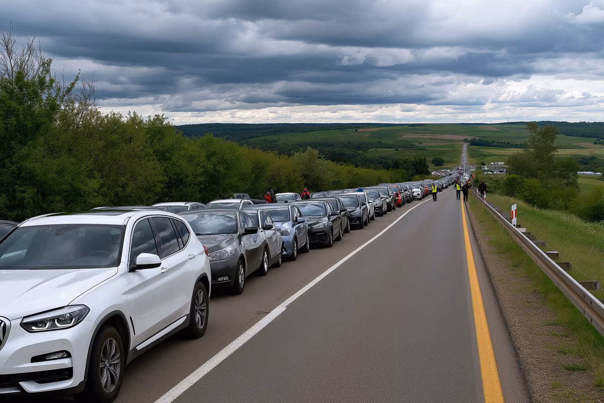 Cars queue slowly past a temporary checkpoint on a rural road near the Bavarian border under an overcast sky.