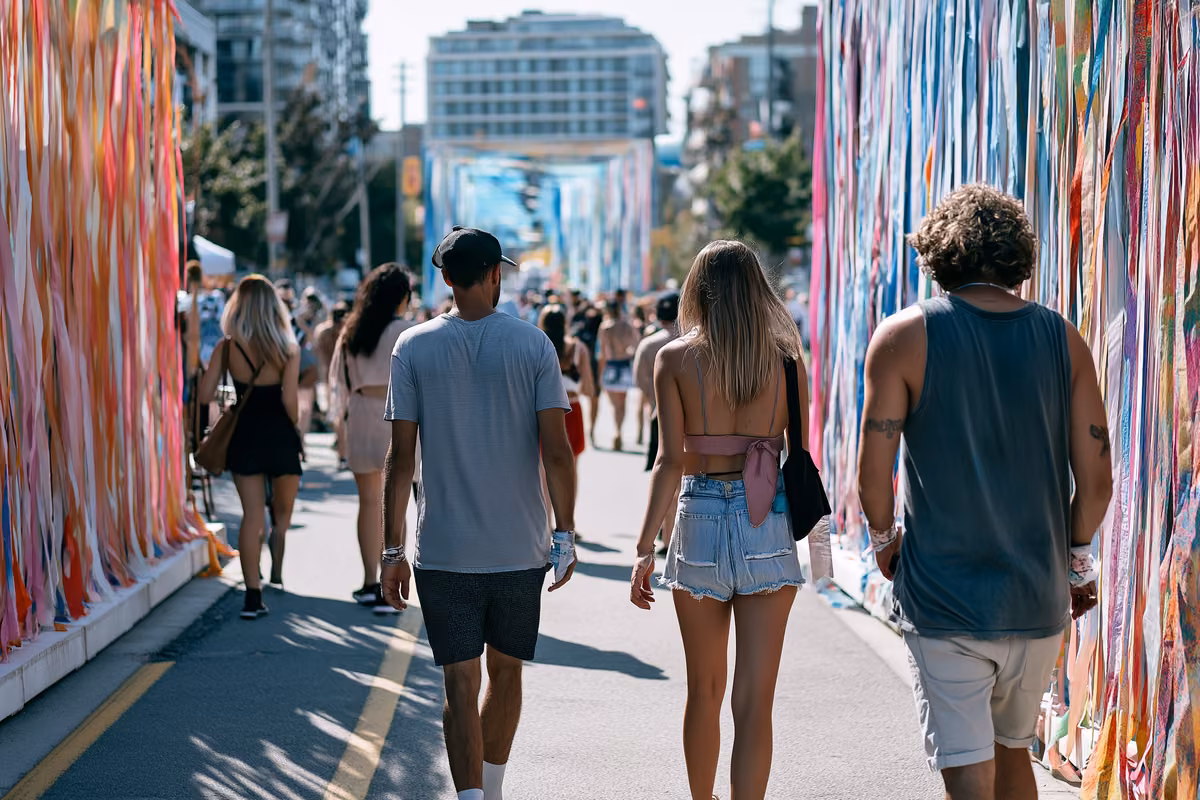 People stroll between outdoor art installations in a lively Berlin neighbourhood on a bright summer afternoon.