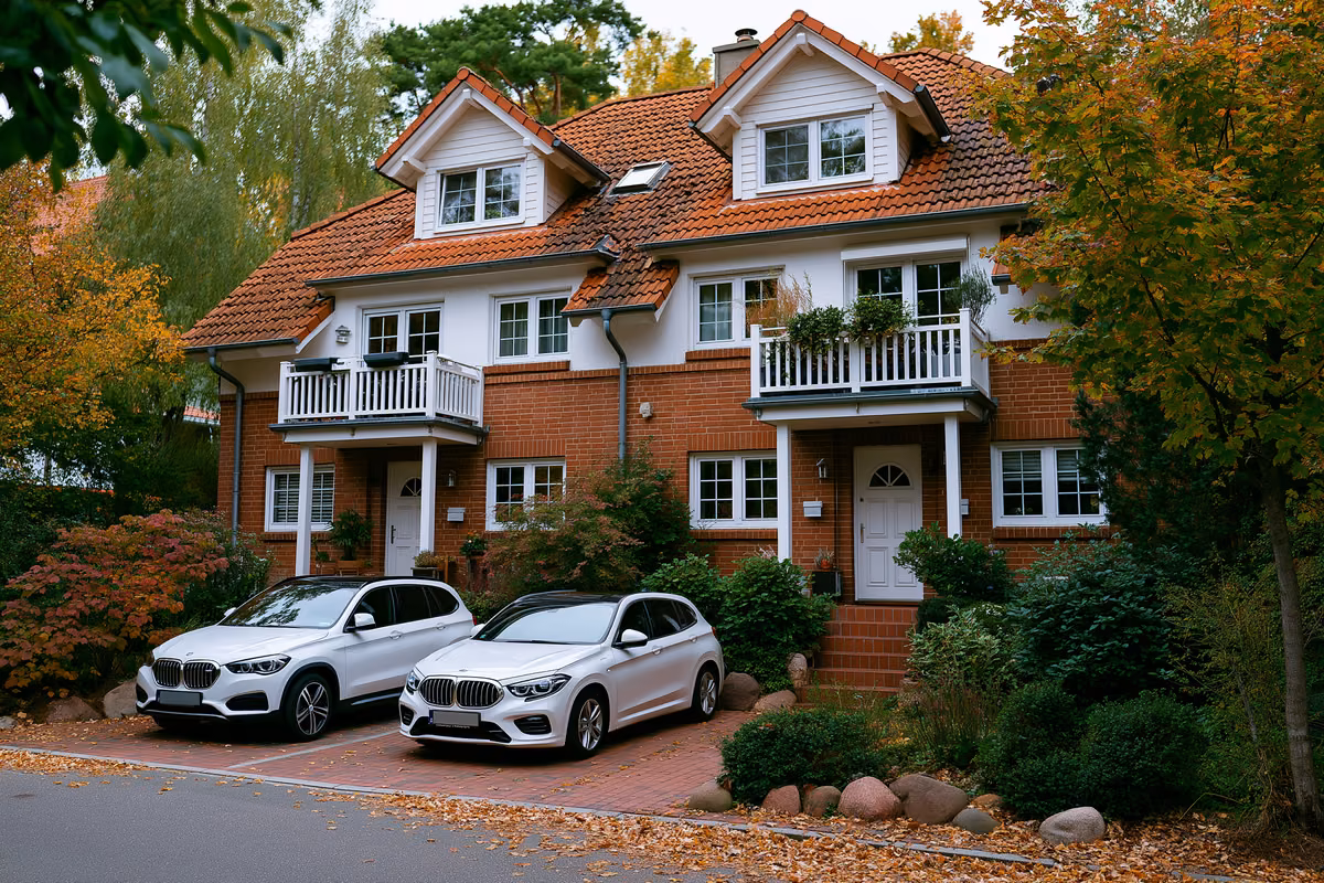 A two-family house with two separate entrances and balconies on a German suburban street, the property type at the centre of the BGH case.