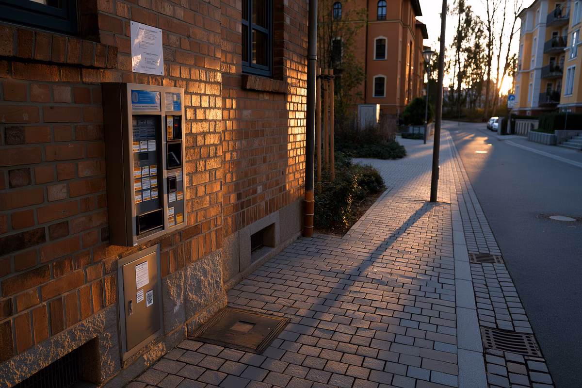 A cigarette vending machine mounted on a brick wall in a German residential street in evening light